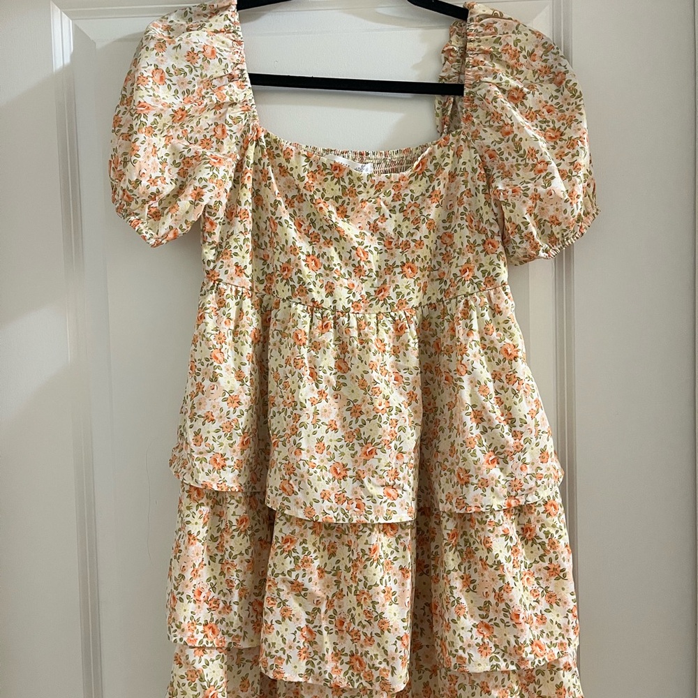 Altar'd State Floral Tiered Midi Dress - Cream and Orange